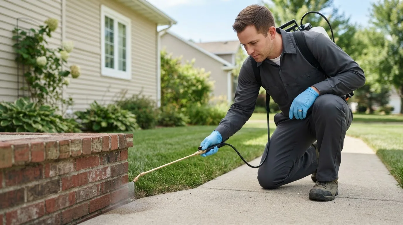 Pest control technician treating a home near Vandalia, MI