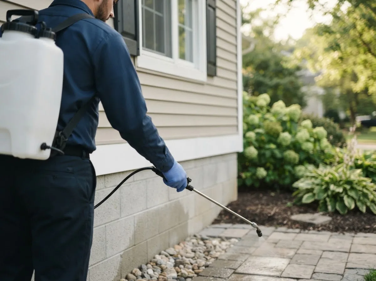 Pest control technician inspecting a home in Vandalia, MI